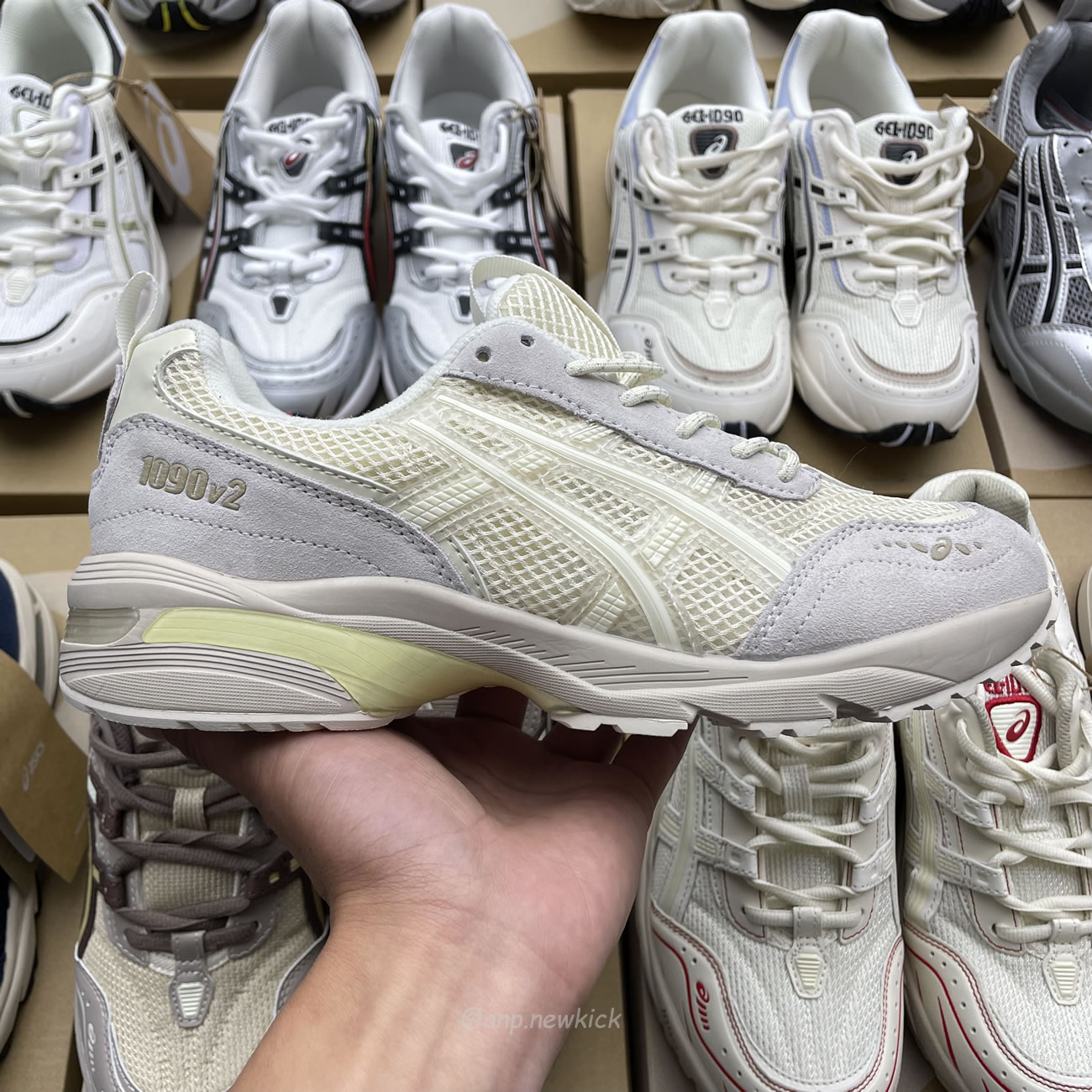Asics Gel 1090 Grey Beige Birch French Blue White Sage Silver Cream Brown Silver Cream Gray Blue (8) - www.kitistry.com
