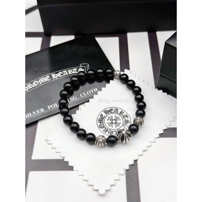 CHROME HEARTS Obsidian Cross Flower Silver Ball Bracelet