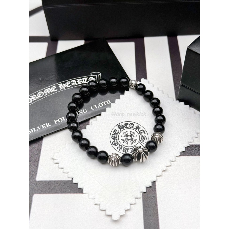 CHROME HEARTS Obsidian Cross Flower Silver Ball Bracelet
