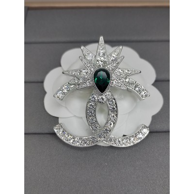 Chanel Clear Crystal And Emerald Crystal Brooch
