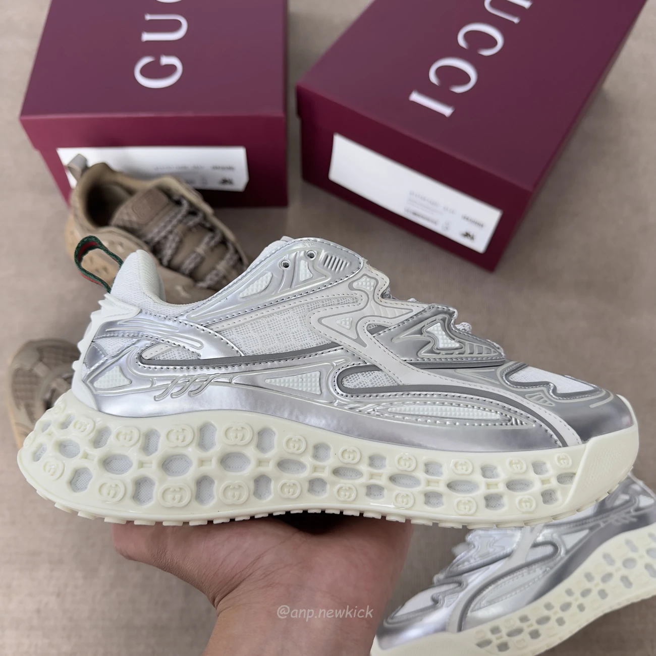 Gucci Cub3d Sneaker Light Grey White Brown Demetra 819709 FAEBE 2847